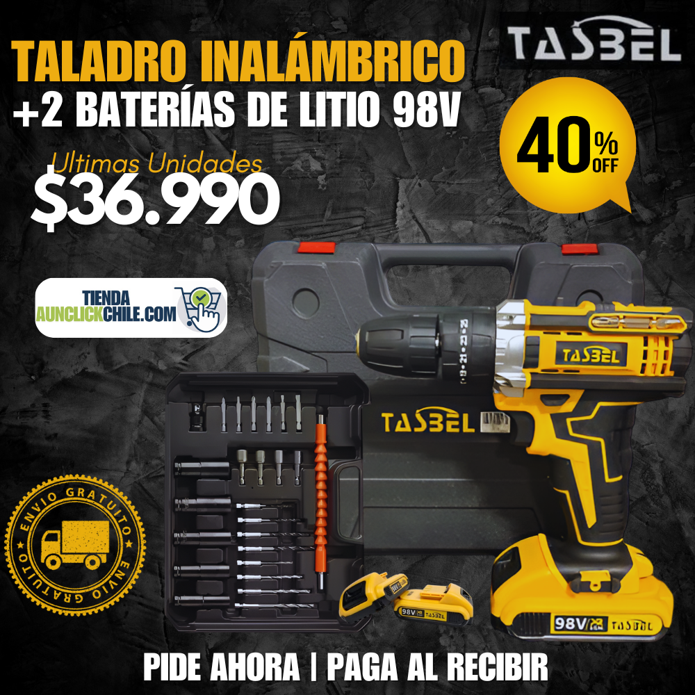 Taladro Inalámbrico TASBEL™ + 2 Baterías Litio 98V + 22 Accesorios