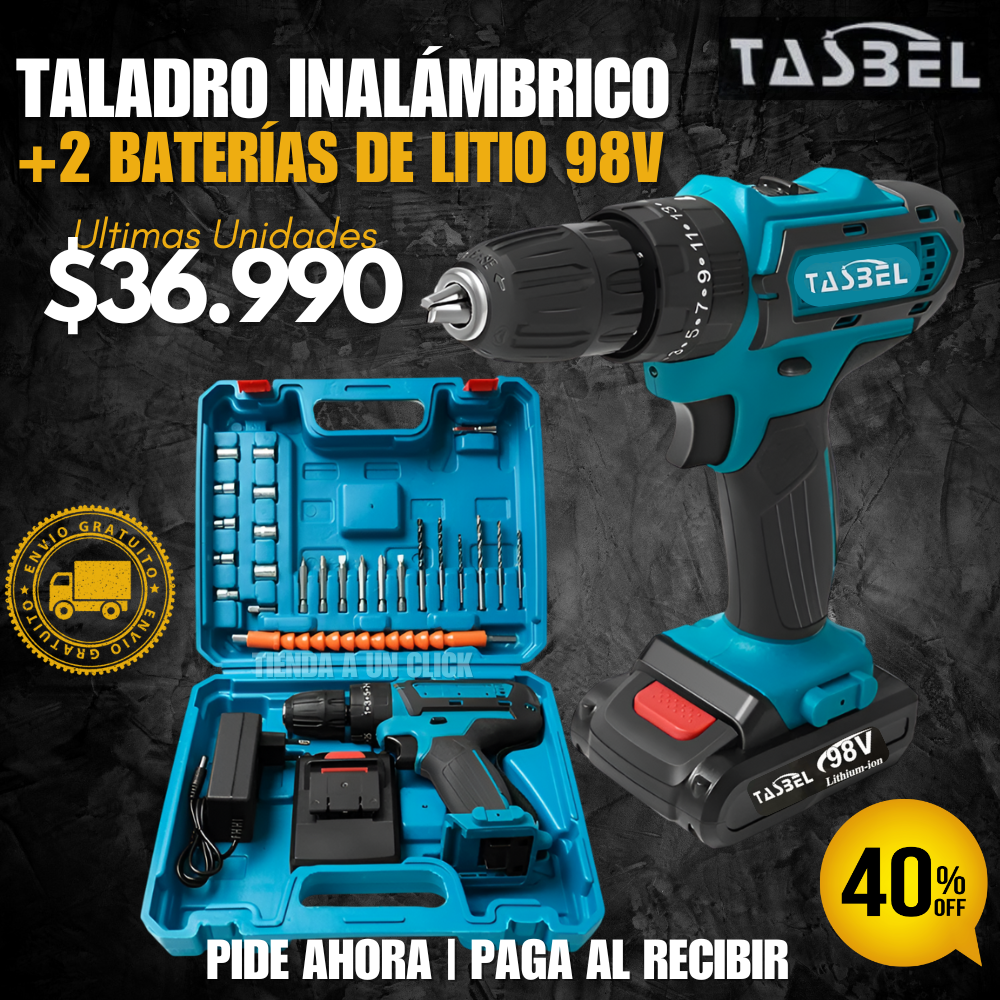 Taladro Inalámbrico TASBEL™ + 2 Baterías Litio 98V + Set Accesorios🎁