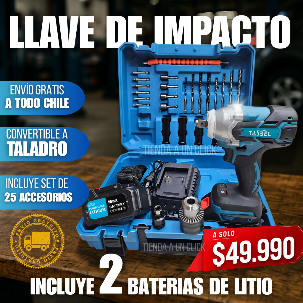 💥Llave de Impacto Inalámbrica + 2 Baterias de Litio + Maletin con Accesorios🎁