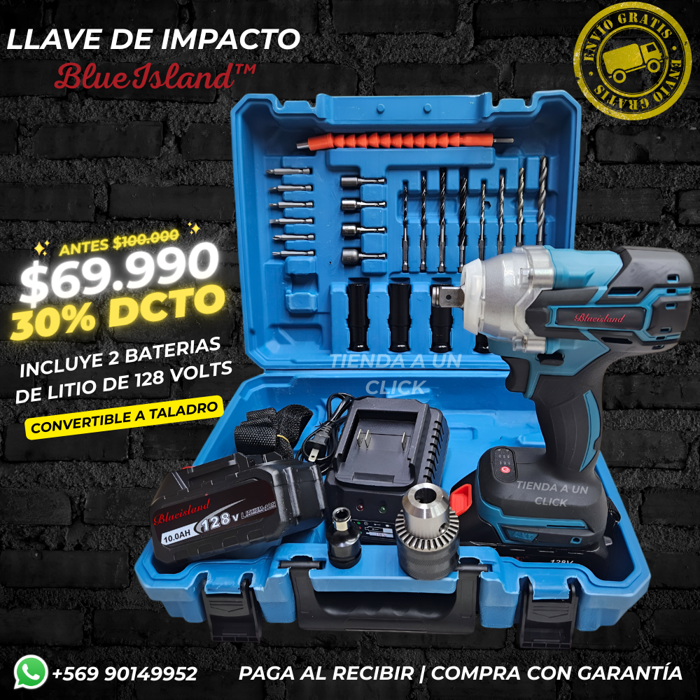 Llave de Impacto Inalámbrica + 2 Baterías 128V + Accesorios