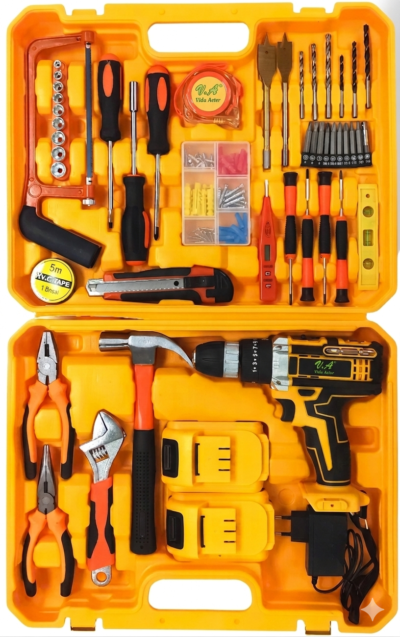 Set de Herramientas + Taladro Inalámbrico V.A™ + 2 Baterías Litio
