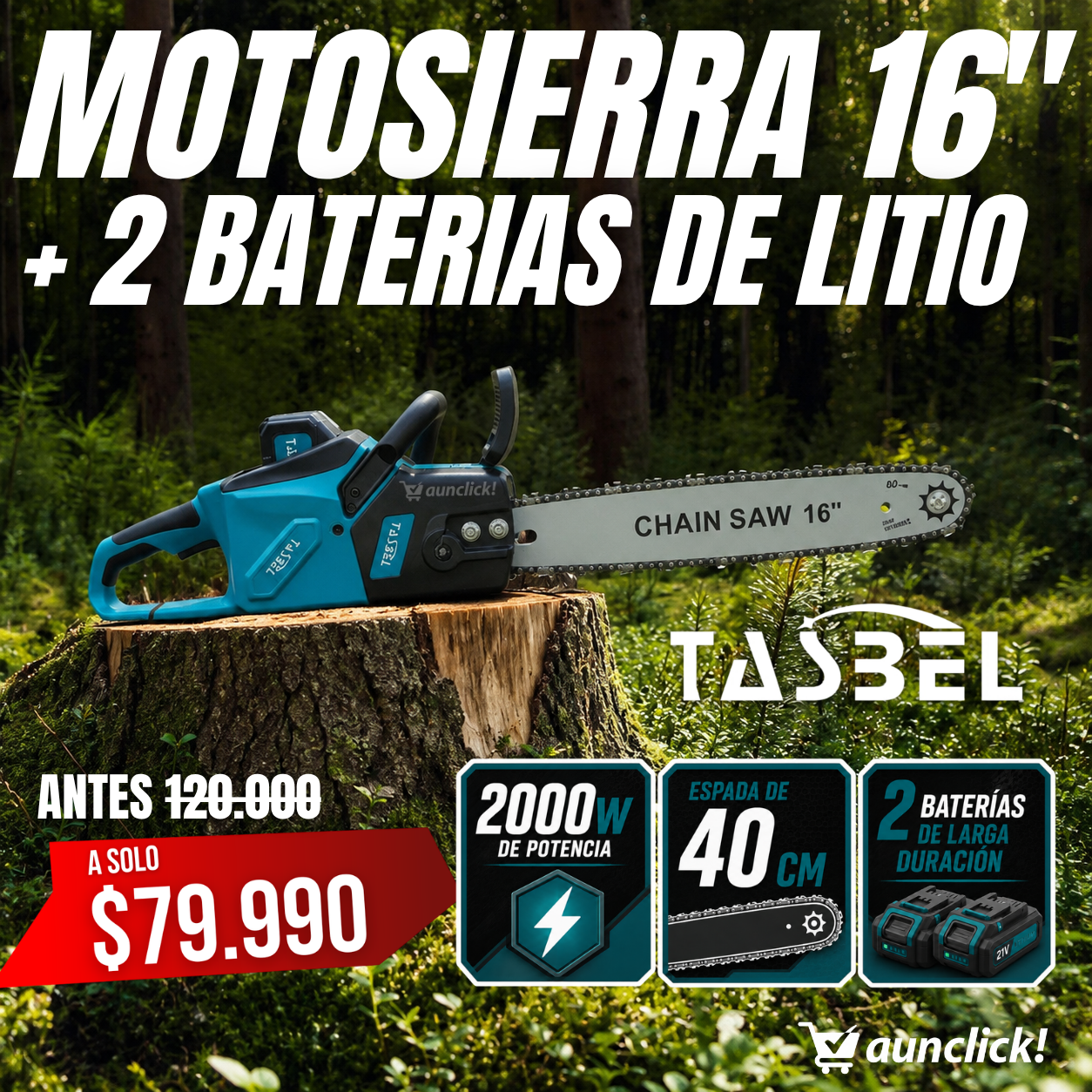 Motosierra Inalambrica TASBEL 16"⚡2000W+ 2 Baterias de Litio