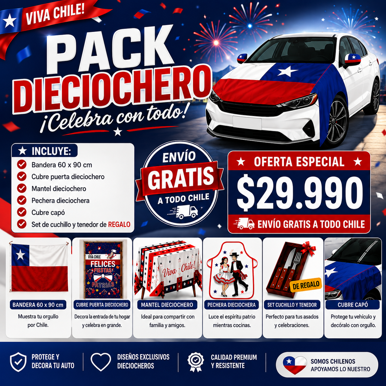 Kit Fiestas Patrias; Mantel + Cubre Capo + Bandera + Cubre Puerta + Set BBQ + Perchera