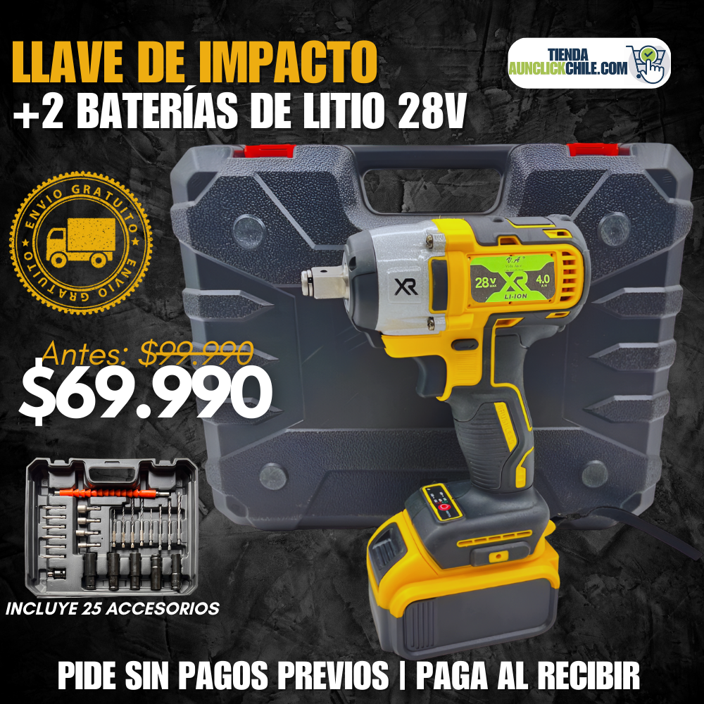 Llave de Impacto + 2 Baterias 28V + 25 Accesorios