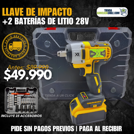 Llave de Impacto + 2 Baterias 28V + 25 Accesorios