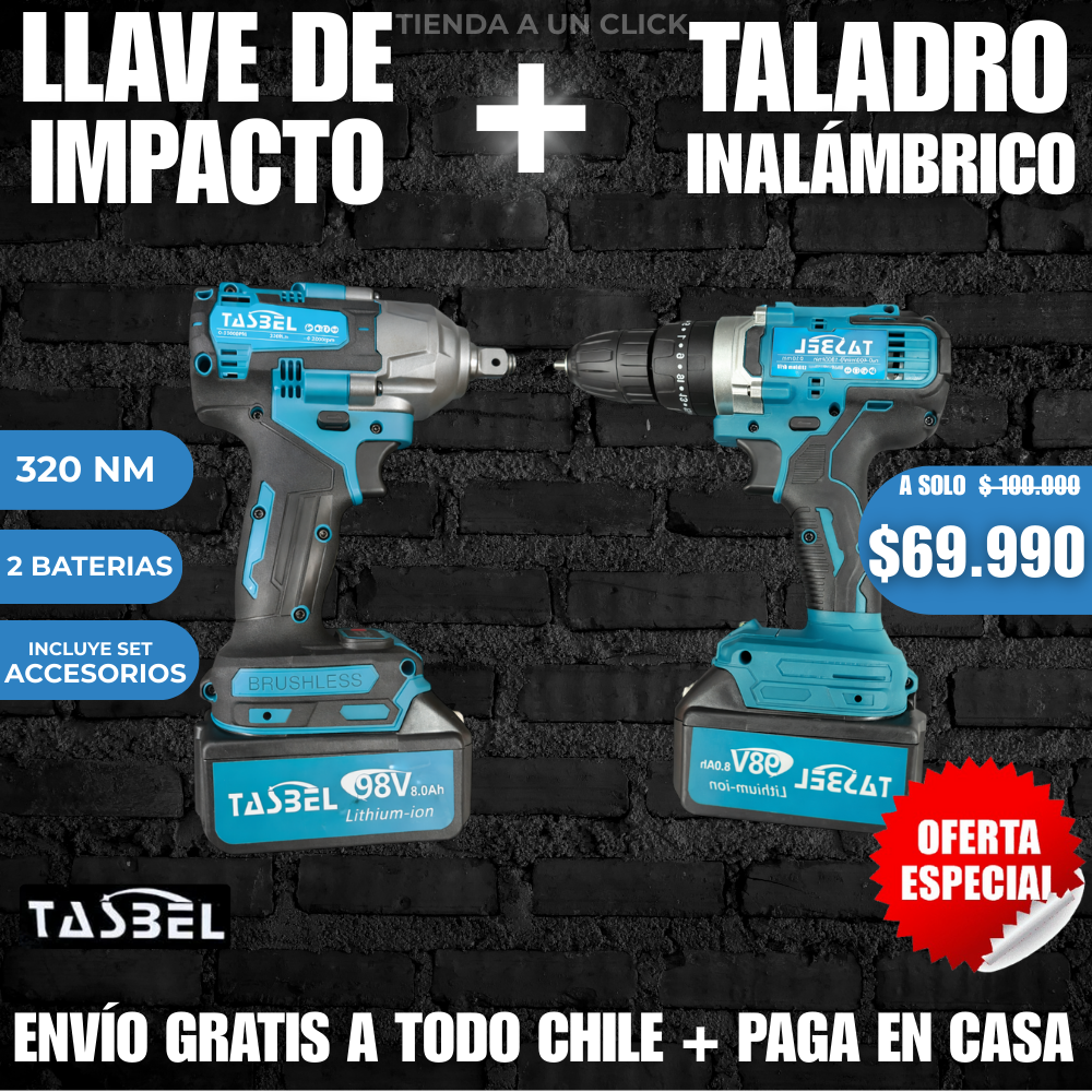 LLAVE DE IMPACTO + TALADRO TASBEL™ + 2 BATERIAS 98V + SET ACCESORIOS