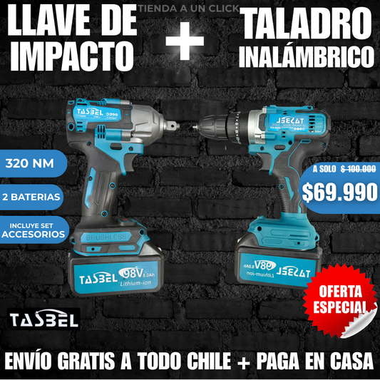 LLAVE DE IMPACTO + TALADRO TASBEL™ + 2 BATERIAS 98V + SET ACCESORIOS