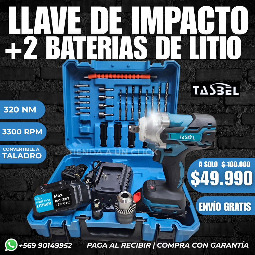 LLAVE DE IMPACTO  + 2 Baterías de Litio + Set de Accesorios🎁