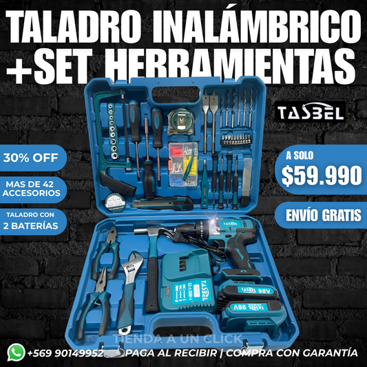 KIT Taladro Inalámbrico TASBEL™ + 2 Baterías Litio 98V +  Set Herramientas