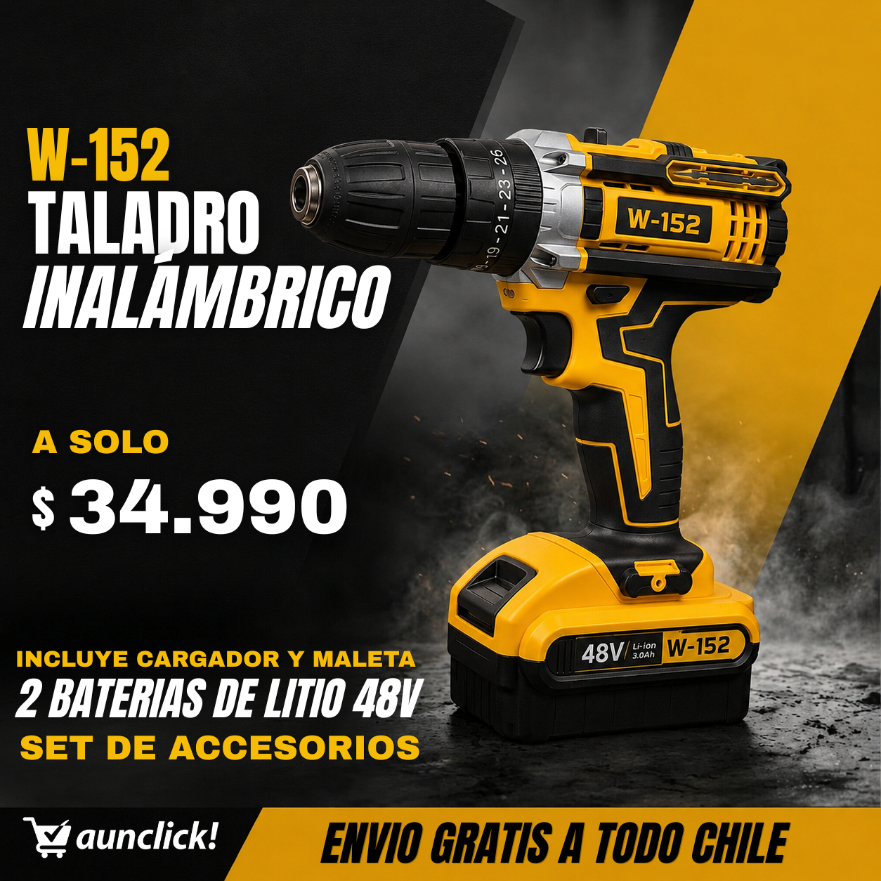 Taladro Inalámbrico W152 + 2 Baterias de Litio 48v + Set de Accesorios