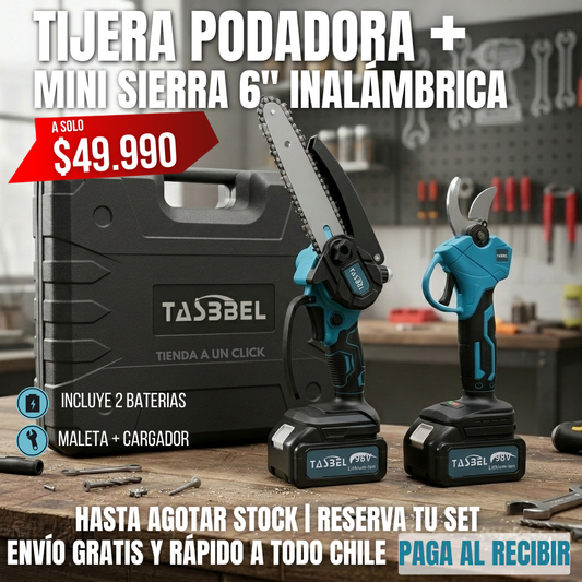 Mini Motosierra 6" + Tijera Podadora + 2 Baterias de Litio