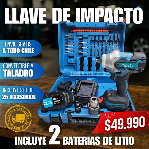 💥Llave de Impacto Inalámbrica + 2 Baterias de Litio + Maletin con Accesorios🎁