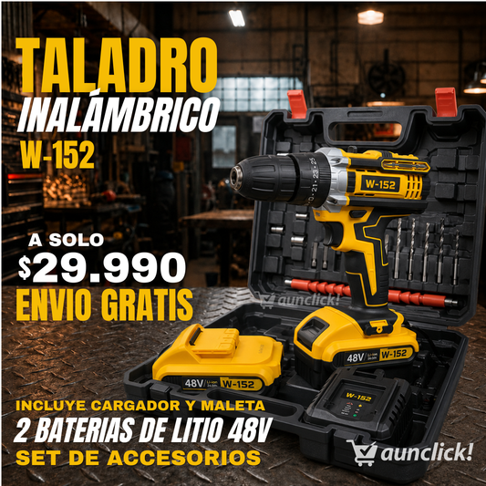 Taladro Inalámbrico W152 + 2 Baterias de Litio 48v + Set de Accesorios