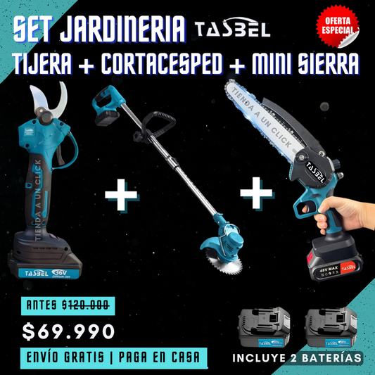 Set Jardineria TASBEL™ Cortacesped + Tijera + Mini Sierra + 2 Baterias