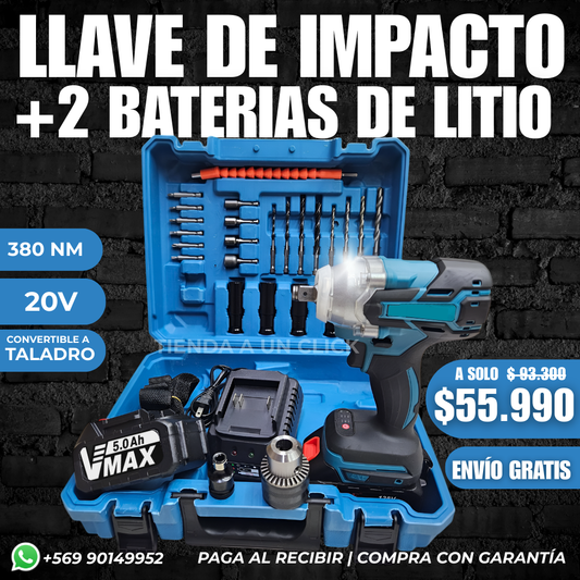 Llave de impacto 20V + 2 Baterias de 5 Ah + Set Accesorios