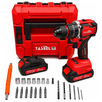 Taladro Percutor TASBEL Mandril Metálico+ 2 Baterias de Litio + Accesorios