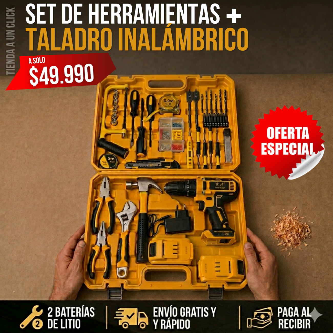 Set de Herramientas + Taladro Inalámbrico V.A™ + 2 Baterías Litio