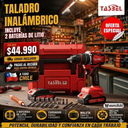Taladro Percutor TASBEL Mandril Metálico+ 2 Baterias de Litio + Accesorios