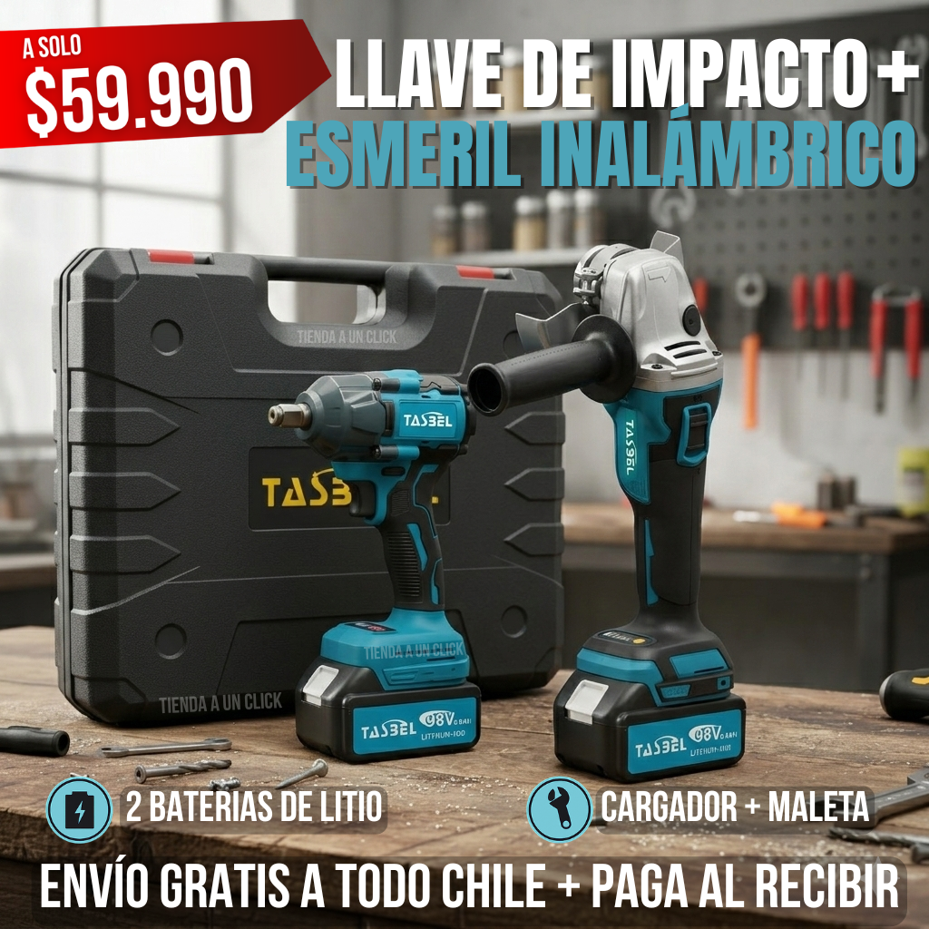 SET Llave de Impacto + Esmeril Inalámbrico + 2 Baterias de Litio