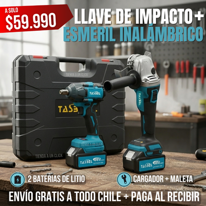SET Llave de Impacto + Esmeril Inalámbrico + 2 Baterias de Litio