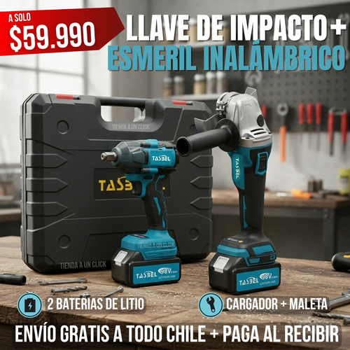 SET Llave de Impacto + Esmeril Inalámbrico + 2 Baterias de Litio