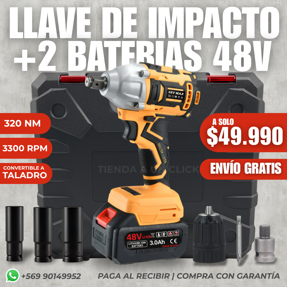 Llave de Impacto + 2 Bateria de 48V + Accesorios🎁