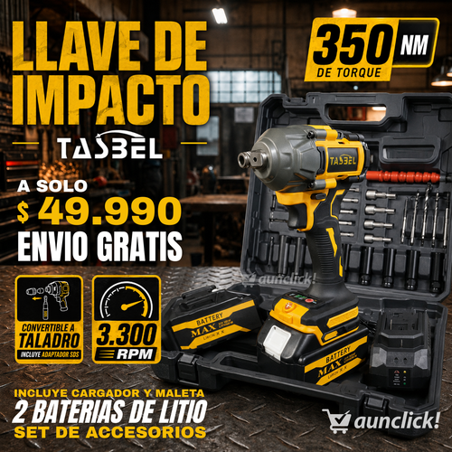 Llave de Impacto TASBEL™ + 2 Baterías de Litio + Set de Accesorios🎁
